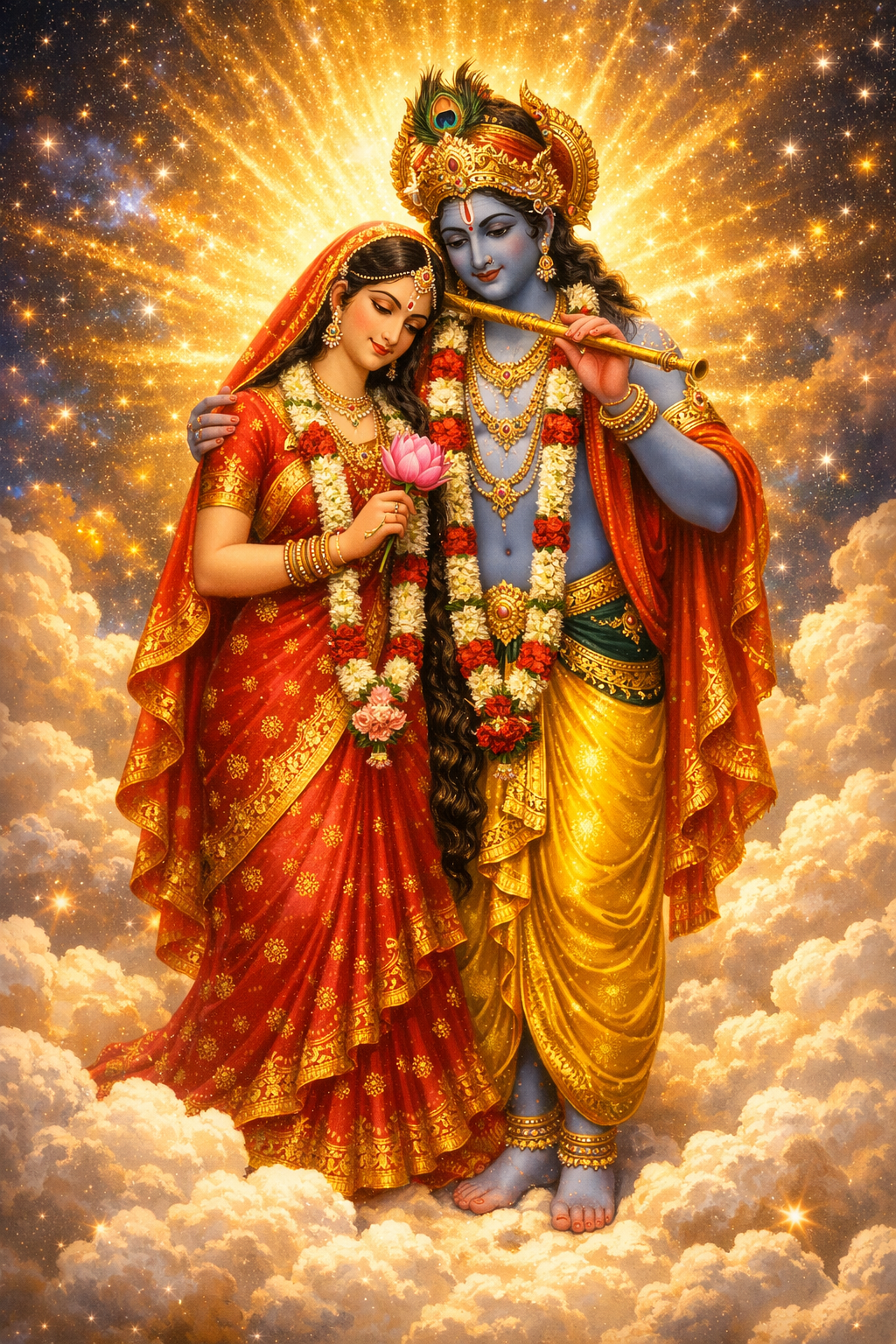 Radha and Krishna standing on clouds in heaven with golden divine light and cosmos visible — celestial HD wallpaper
